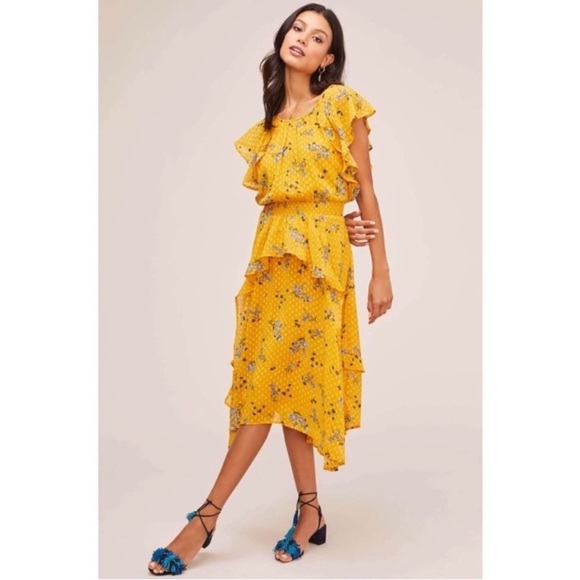 Astr Dresses & Skirts - ASTR Sheila Floral Dot Jacquard Ruffle Dress Marigold Size Small NWT